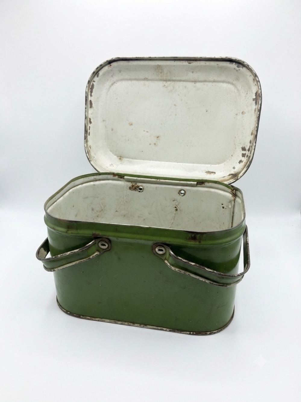 1930s-1950s European Olive Green Enamelware Lunch Pail Box (Industrial Vintage)